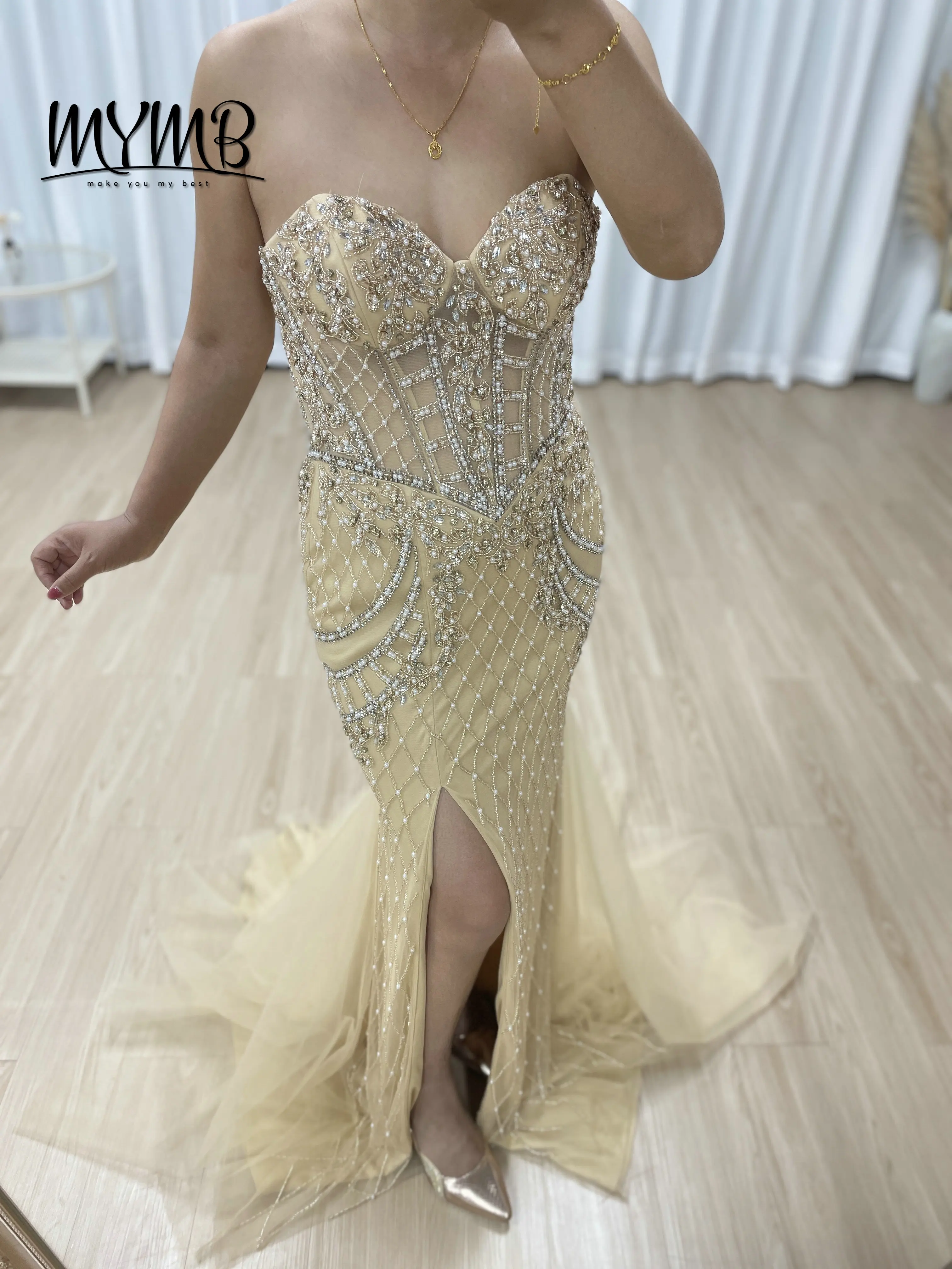 MYMB Impresionante vestido de noche sin mangas color champán dorado con entramado y cuentas de cristal corte sirena tren de tul transparente para graduación MB40406