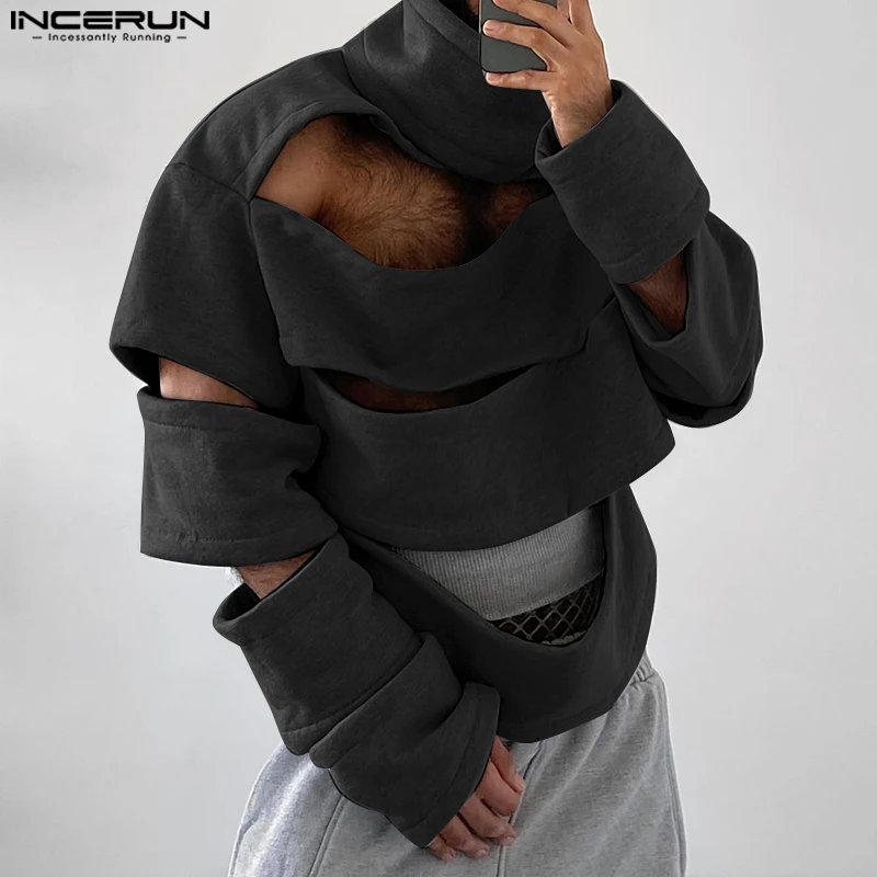 

INCERUN Men High Collar Solid Hoodies 2025 Casual Hollow Out Loose Sweatshirts Handsome Long Sleeve Fashion Streetwear Pullovers
