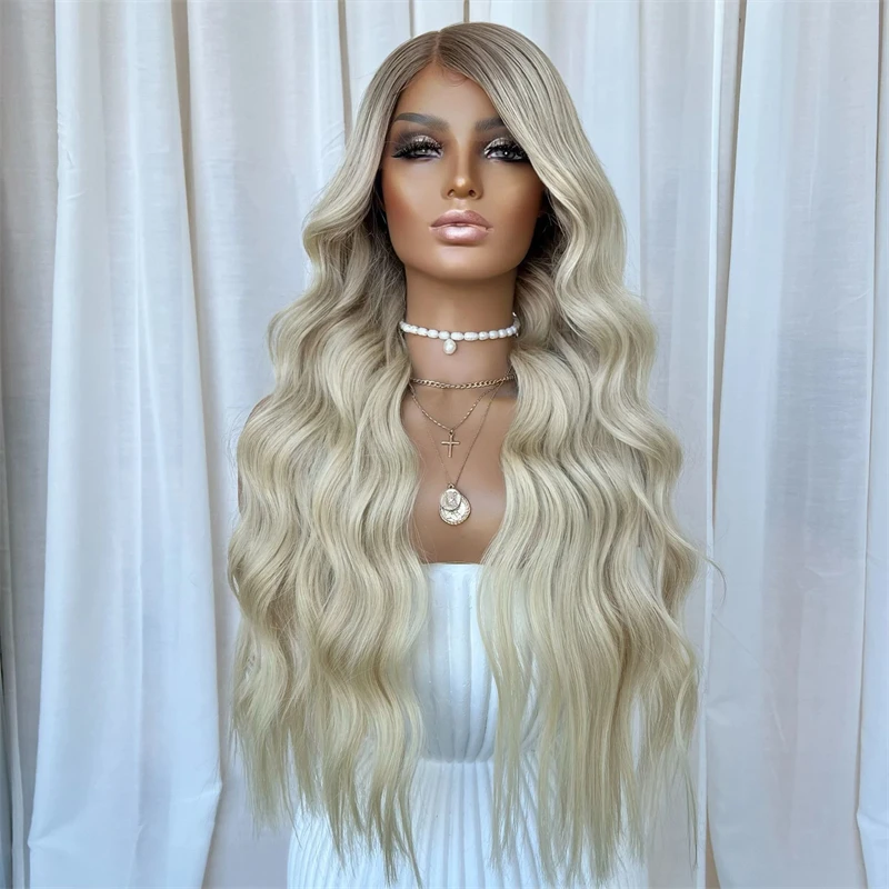 Lose lockige synthetische Lace-Front-Perücken, platinblond, aschblond, Perücke, weiblich, Cosplay, Party, leimlose HD-Spitze-Perücken, tiefe Wellen-Perücke