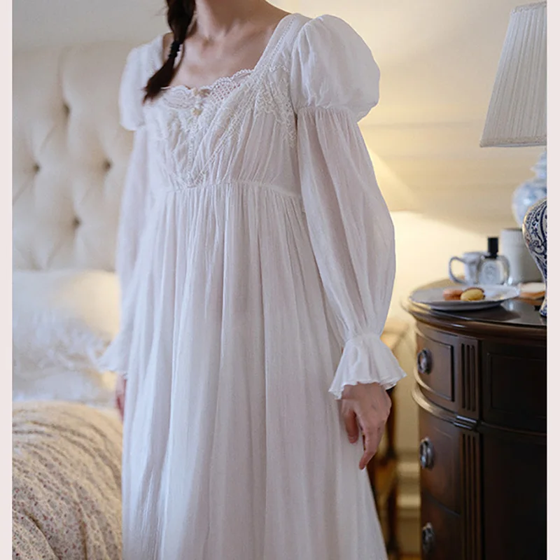 

100% Cotton High Count Wrinkled Cotton Fairy Like French Nightgown Long Retro European Court Loose Nightgown Spring and Autumn