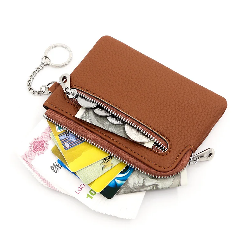 Retro Women Wallets with Chain Luxury Litchi Leather Short Card Wallet Multifunctional Female Coin Purse Mini Zipper Purse