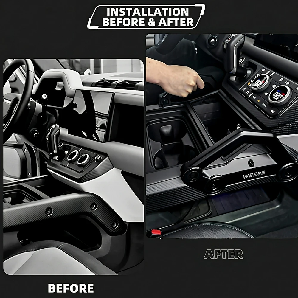 WEESE Dry Carbon & Aluminum Center Armrest – Extended Grab Handle, Bolt-On for Land Rover Defender 90/110/130 (2020-2026)