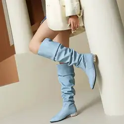 Denim Slouchy Knee-high Boots Women Light Blue Shiny Rhinestone Boots Black Low-heeled Woman Elegant Shoes 48