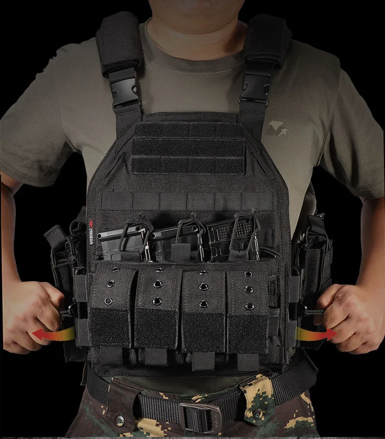 Tactical Vest Quick-Release MOLLE System w/2 Armor Plates, Adjustable for Hunting Hiking Airsoft (Men/Women)