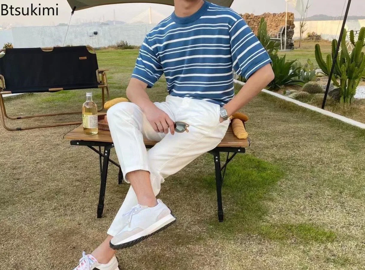 الصيف موضة تنوعا الحياكة س الرقبة تي شيرت للرجال عادية فضفاض قصيرة الأكمام بلايز الرجال مخطط شخصية الملابس اليومية #5