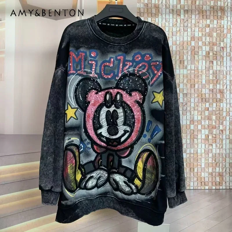 

Trendy Brand Autumn Winter New Fleece Jacket Heavy Wash Letter Age-Reducing Fashion Cartoon Loose Round Neck Sweatshirt Top Coat