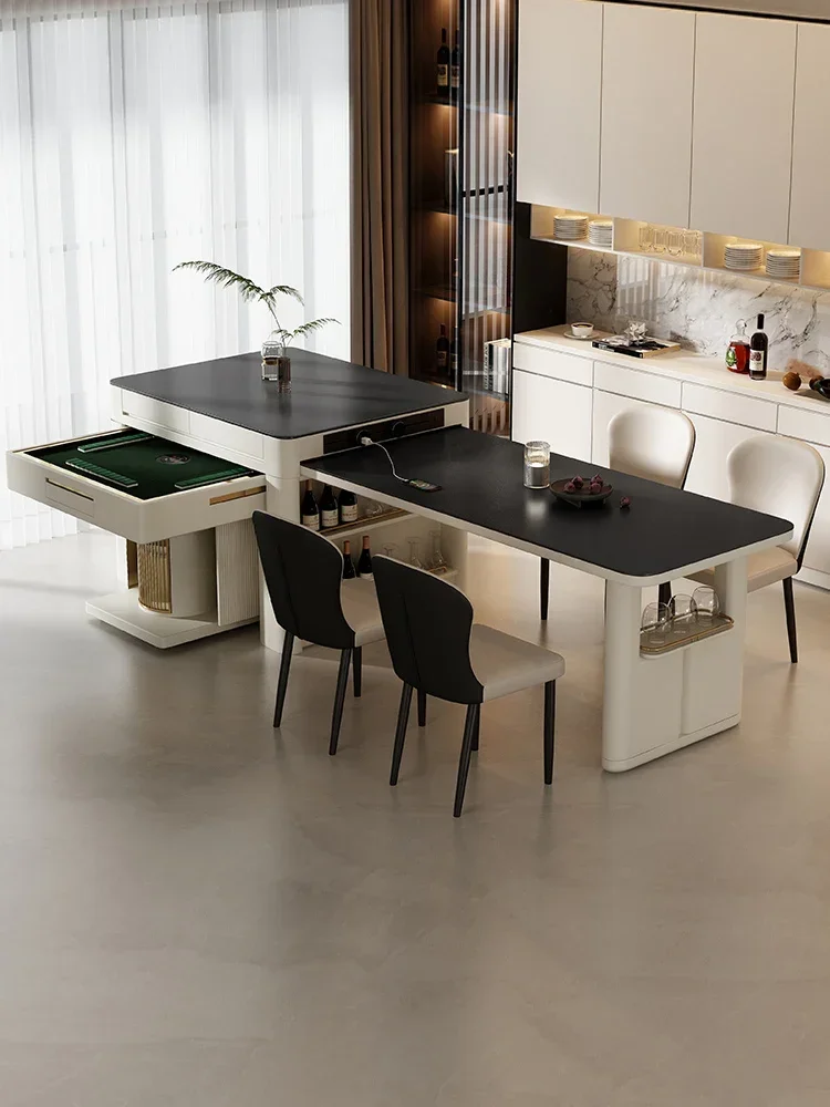 Telescopic dining table, mahjong machine table, dual-purpose modern and simple, pure black rock slab dining