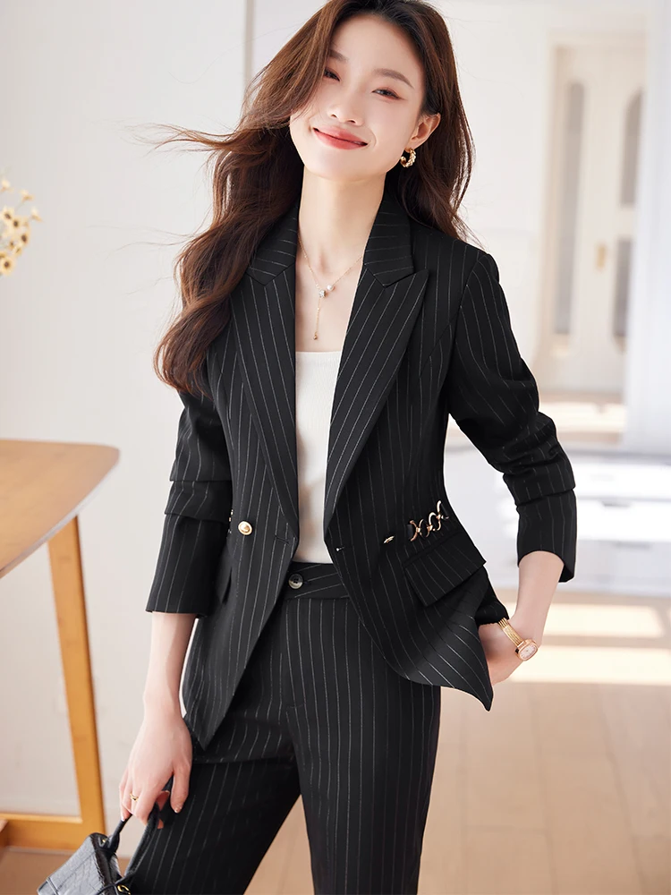 Fashion Ladies Pant Suit Women Apricot Blue Black Striped Female Jacket Blazer and Trouser 2 Piece Set For Business Work Wear