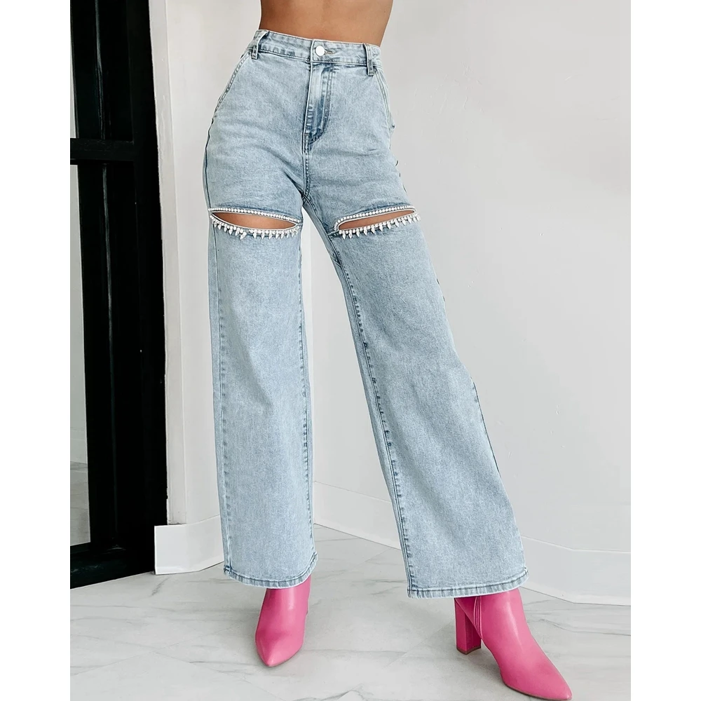 Washed Rhinestone Decor Cut Out Straight Leg High Waist Jeans Casual Denim Vintage Pants for Women