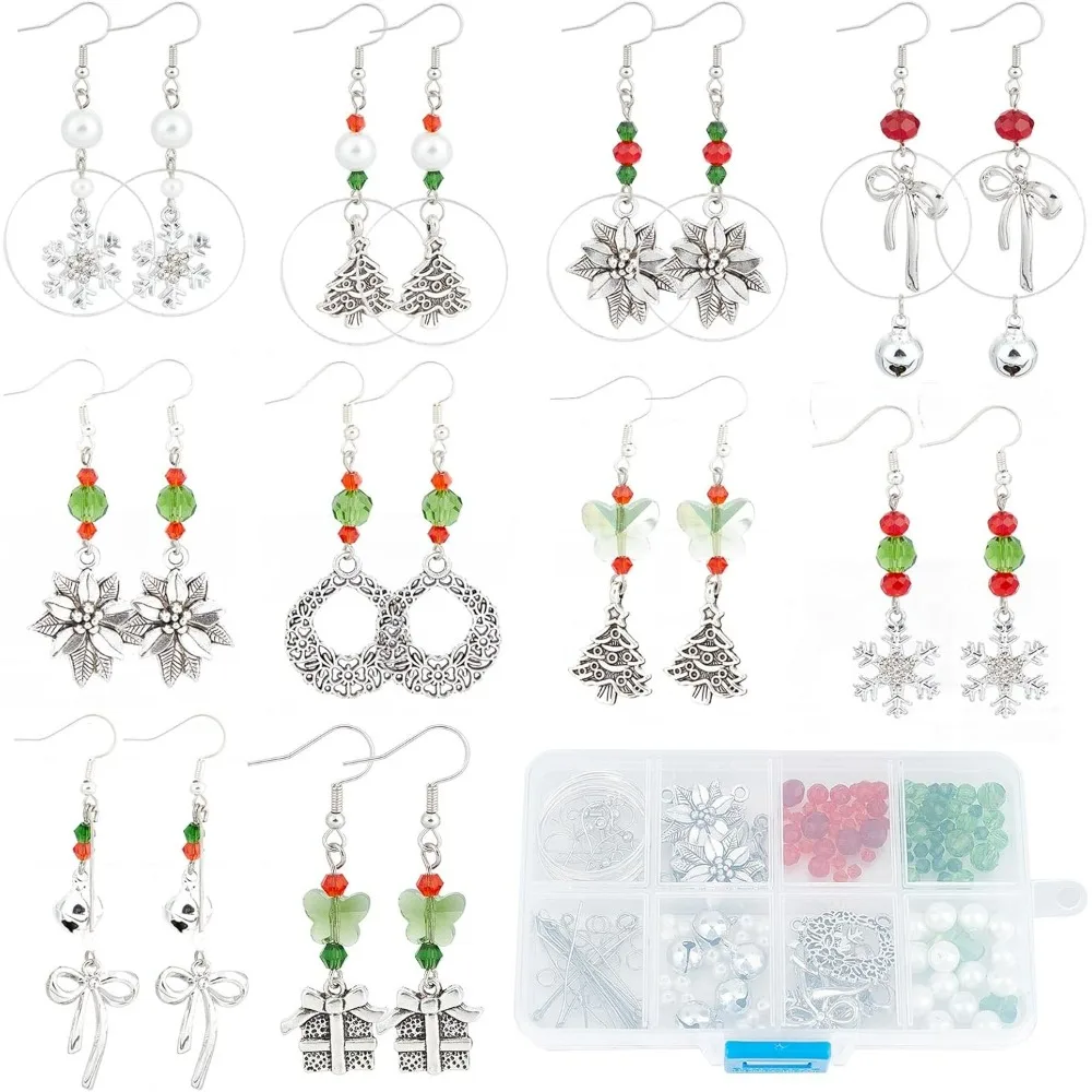 1 Box DIY 10 Pairs Christmas Charms Red Green Glass Beads Earrings Making Starter Kit Antique Silver Snowflake Charms