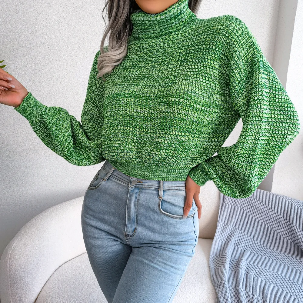 Ficusrong Women Fall Winter Mixed Color Lantern Long Sleeve Turtleneck Knit Loose All Match Sweater For Fashion