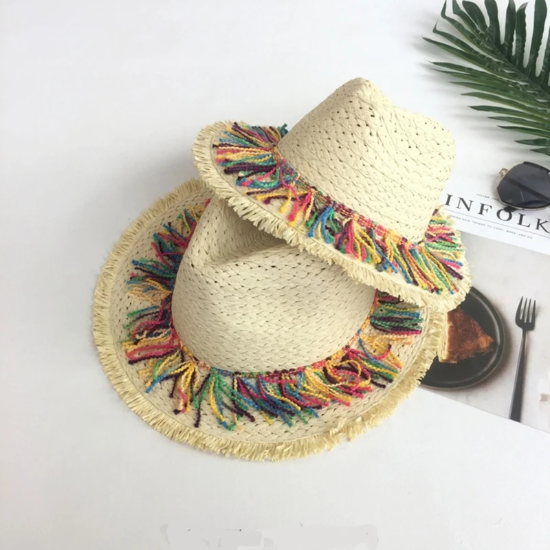 Mexicans Starw Hat de Straw Hat Fashion Beach Hat with Colorful Tassel Sombrero Hat Straw Jazzs Hat Straw Fedoras Hat