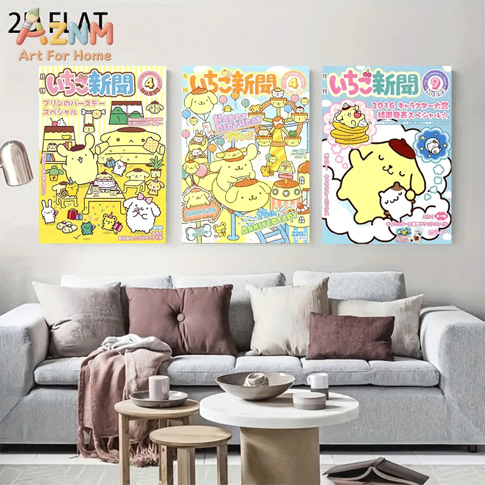 AZNM Sanrio Pompompurin Canvas Wall Art Unframed Cute Cartoon Magazine Cover Amusement Park Birthday Theme Print Painting Bedroo