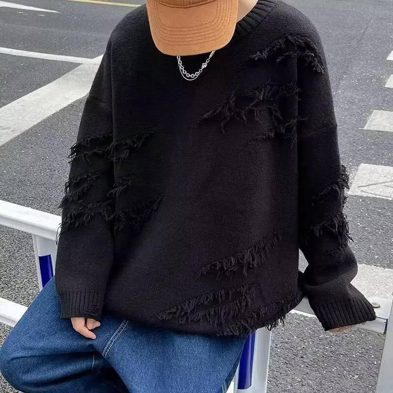 

Oversize Pure Color Knitted Sweater Men's Chic Crew Ne Pullover Autumn Winter Large Size 300 Pou Simple Japanese Sle