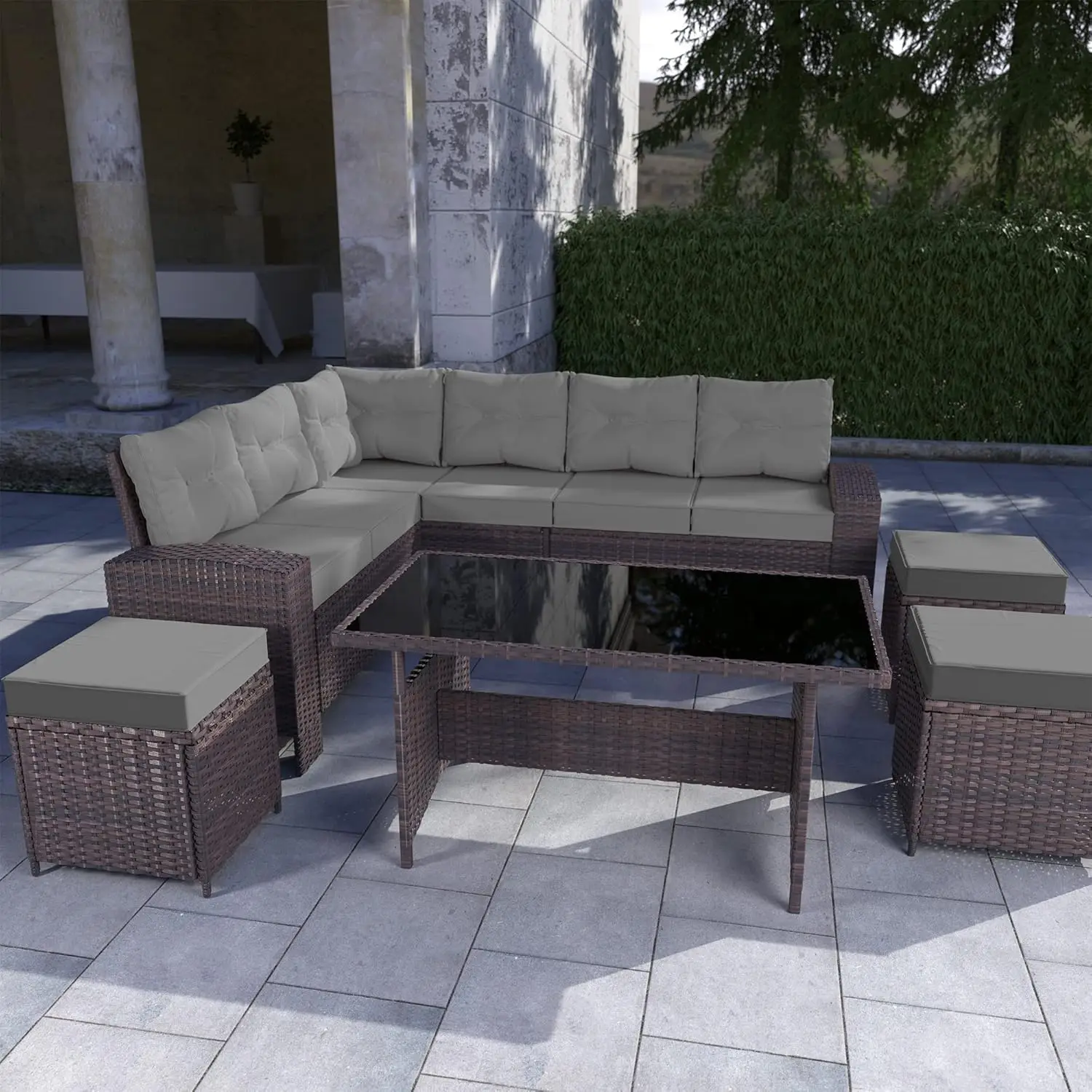 7 Pieces Wicker Patio Furniture Set Outdoor Rattan Sofa Set All Weather with Dining Table & Ottomans Soft Cushions for Backyard