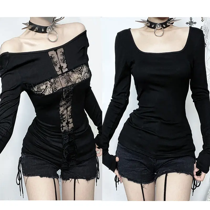 

Y2k Aesthetic Lolita Style T-Shirts Women Japanese Vintage Gothic Slash Neck Lace Patchwork Crop Tees Harajuku Grunge Mall Tops