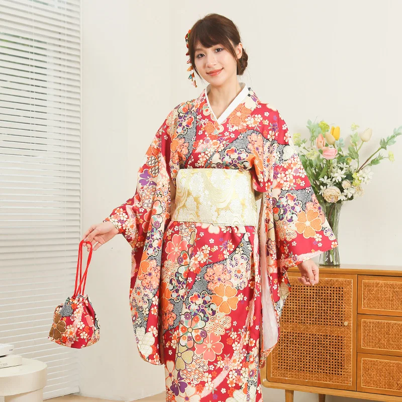 Women's Modified Easy-Wear Japanese Kimono 140cm Length Floral Prints Traditional Yukata Travelling Photography Dress