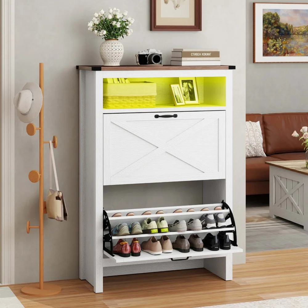 

Modern Shoe Cabinet with 2 Flip Drawers & LED Lights Shoe Storage for Entryway