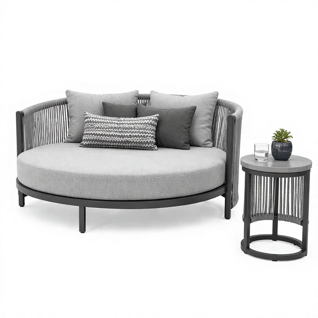 Modern Luxury Outdoor Rope Woven Daybed Set Aluminum Round Garden Patio Daybed With Matching Side Table For Hotel Swimming Pool