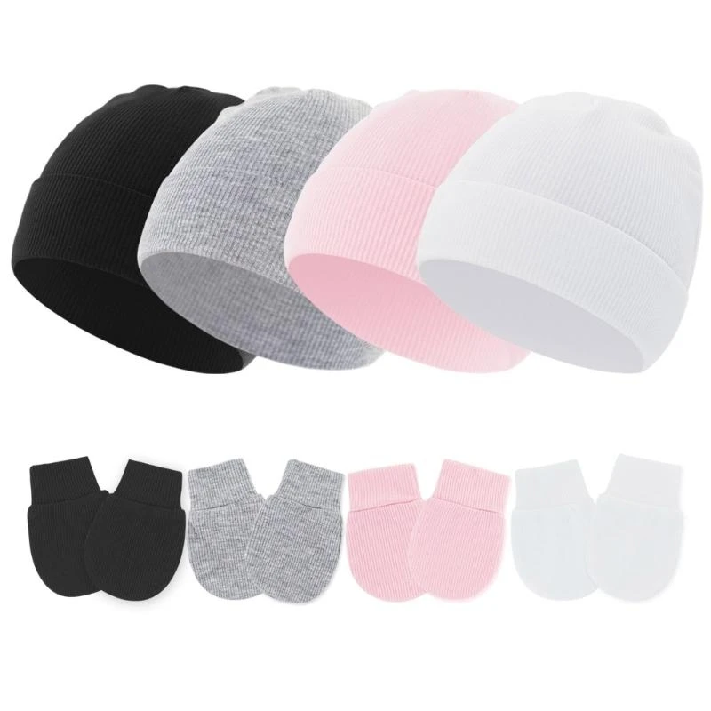 

4 Set Baby Hospital Hat Comfortable Newborns Fetal Caps for Boys Girls 0 to 1 Month with Scratch Resistant Gloves