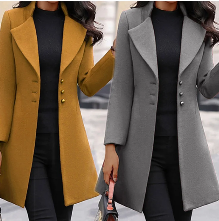 2023 Women Long Sleeve Fashion Woolen Coat Lapel Solid Color Long Jacket Coat Korean Version New Fall Fashion Long Cardigan