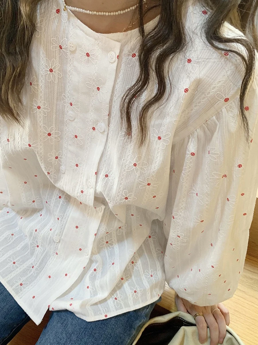 Floral Embroidered Blouses Women Autumn O Neck Lantern Sleeve Simple Casual White Blouse Elegant Fashion Shirts Tops 2024 New