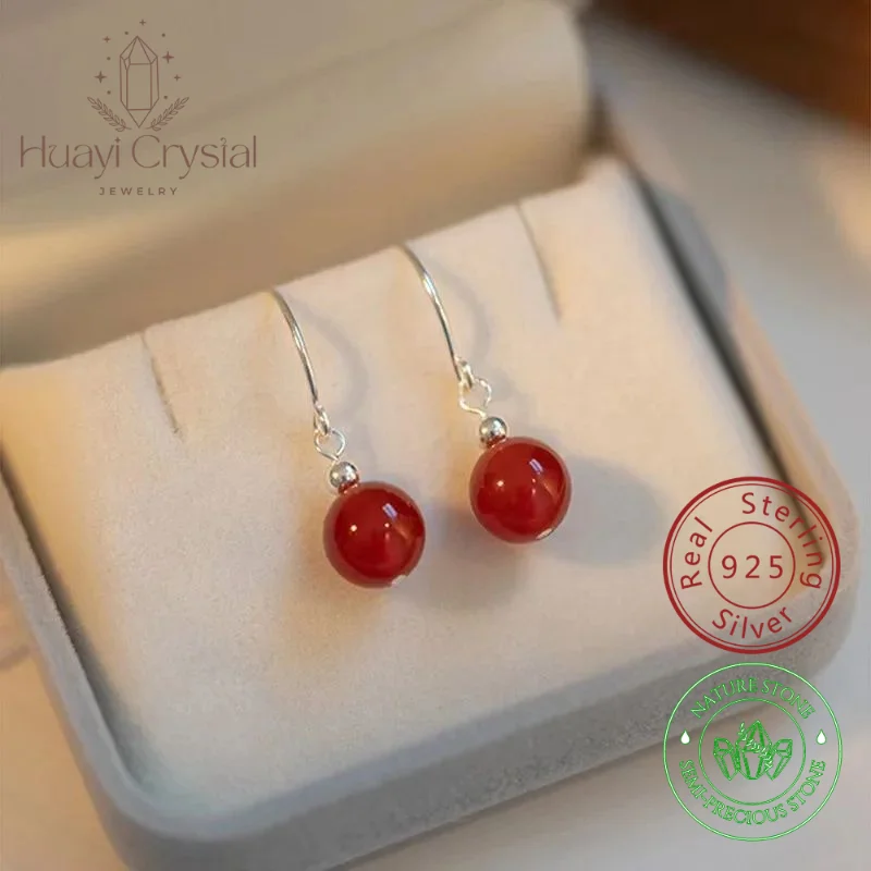 

925 sterling silver natural Hetian jade red agate earrings women's special-interest design retro high sense ear hook