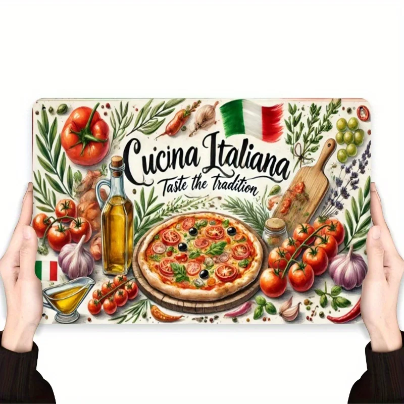 لوحة فنية جدارية من Cucina الإيطالية - لافتة ألومنيوم نابضة بالحياة مع البيتزا والطماطم والأعشاب - مثالية لديكور المنزل والمقهى والهدايا