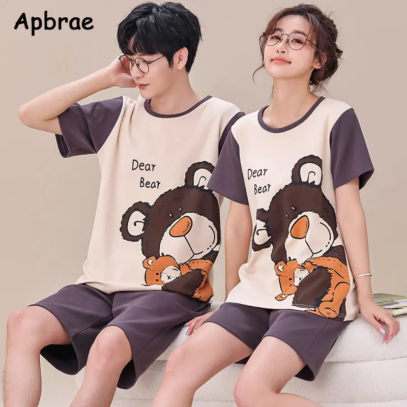 Young Couple's Pajamas Summer Short Sleeve Shorts Knitted Cotton Breathable Men and Women Loungewear Cartoon Bear Print Pijamas