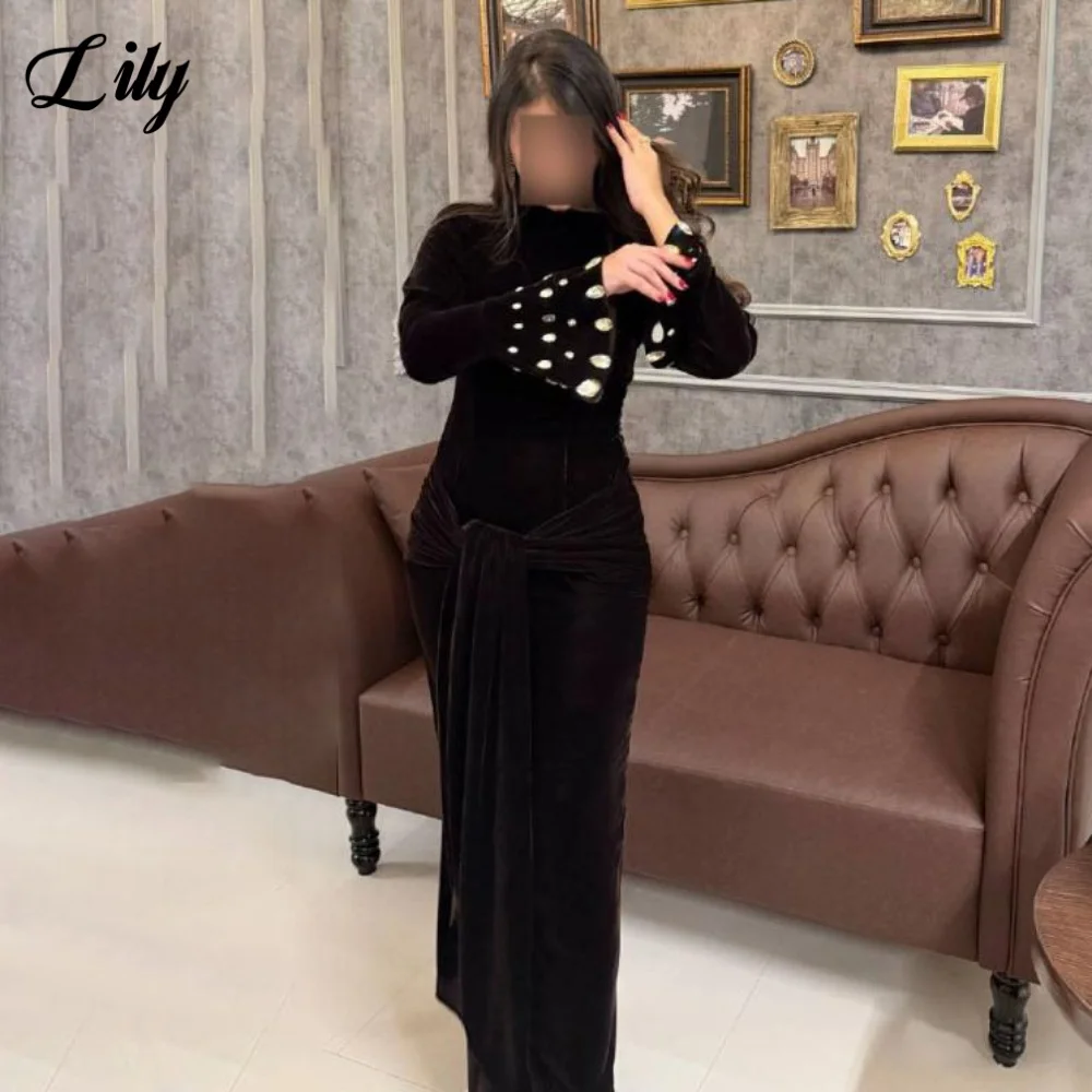 

Lily Black Elegant Prom Gown O-Neck Regular Sleeve with Crystal Party Dress for Woman Satin Trumpet Evening Dresses Customized