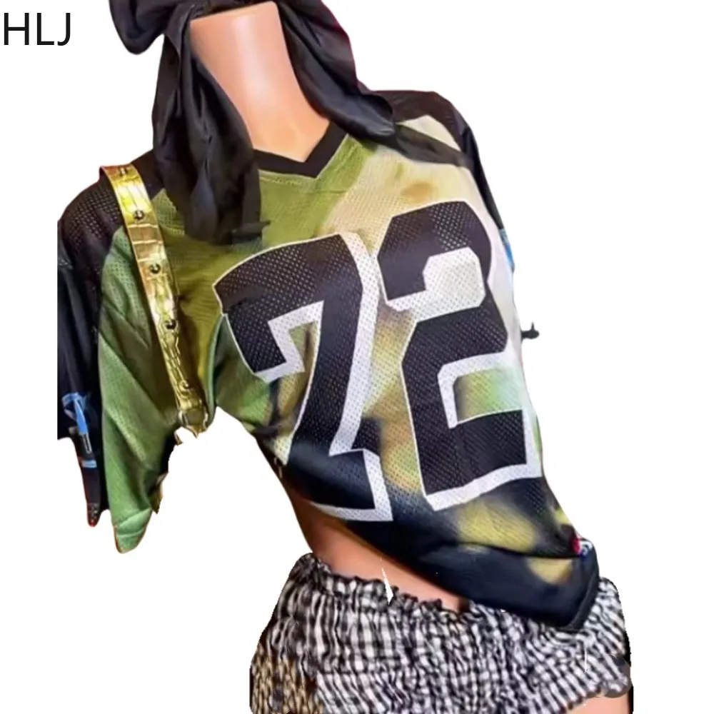 HLJ Green Basketaball Tshirt Two Piece Sets Women V Neck Letter Loose Top And Ruffle Shorts Outfits Fashion Y2K 2pcs Clothing