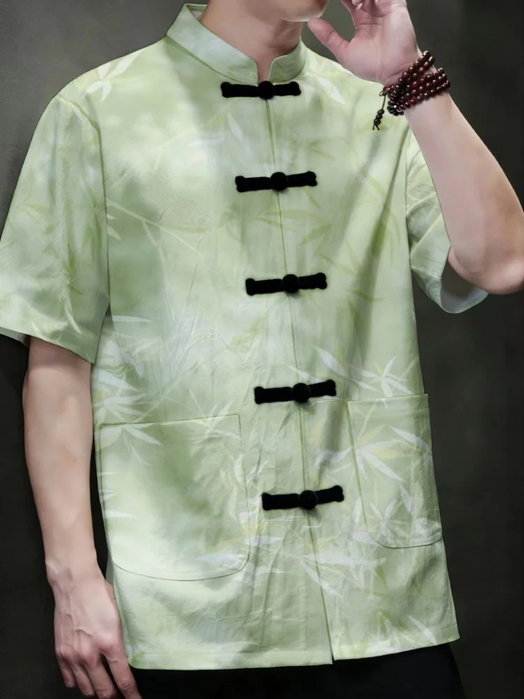 

Summer Casual Men's Chinese Shirt Vintage Retro Bamboo Print Mandarin Collar Short Sleeve Tang Suit Kung Fu Vacation Tops