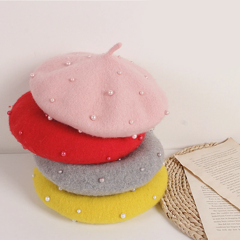 Spring Autumn Vintage Rivet Pearl Girl Baby Berets Wool Solid Color Girls Beret Hat Christmas Bonnet Caps Painter Cashmere Hat