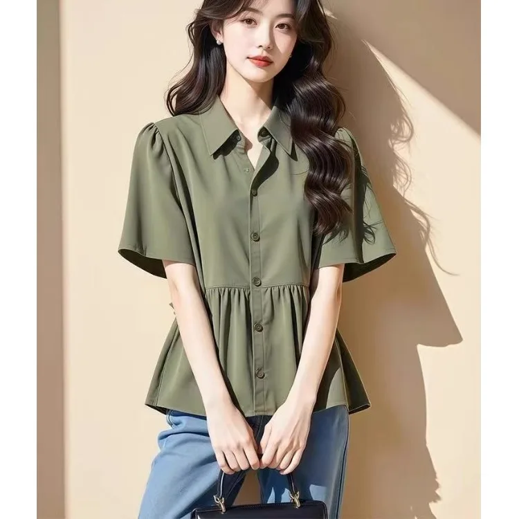 Militaryenn Bubble Sve irt المرأة Sle سليم صالح الصيف وصول جديد ارتفاع الخصر التخسيس الياقة العليا ort Sve #3