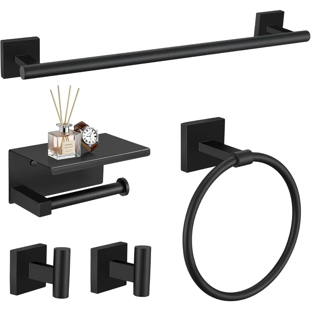 

Matte Black 5-Piece Bathroom Hardware Set with 23.6 Stainless Steel Towel Bar and Wall-Mounted Square Toilet Paper Holder