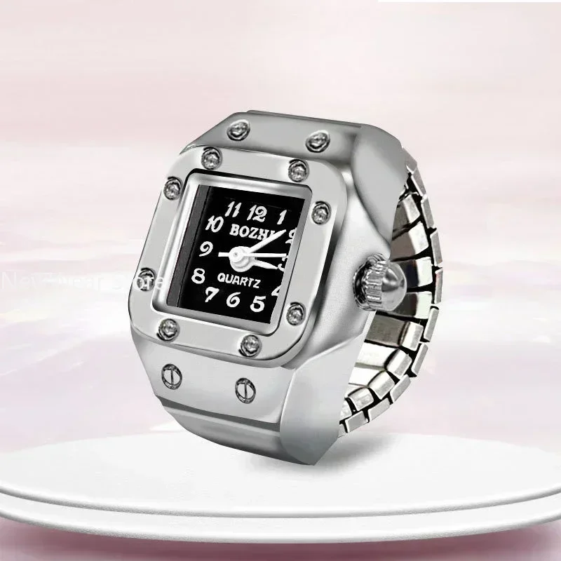 Vintage Punk Finger Watch Mini Elastic Strap Alloy Watches Couple Rings Jewelry Clock Retro Roman Quartz Watch Rings Women Men