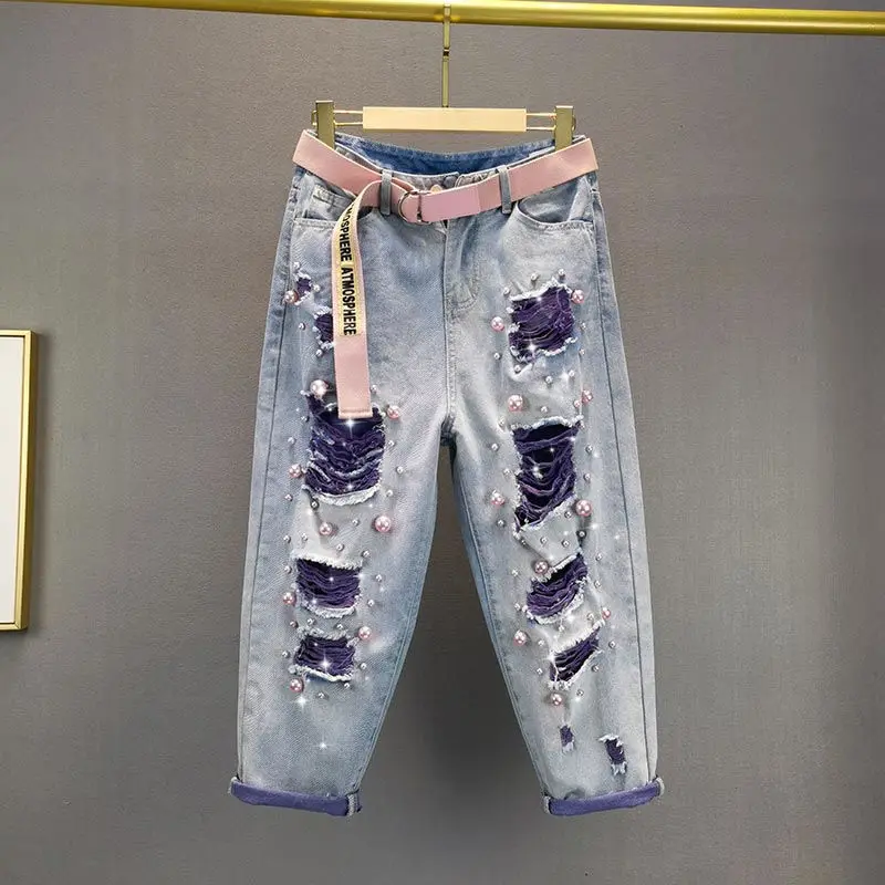 European Station2024Summer New Loose High Waist Slimming Heavy Industry Pearl Ripped Beggar Jeans Women's Baggy Pants Fashion