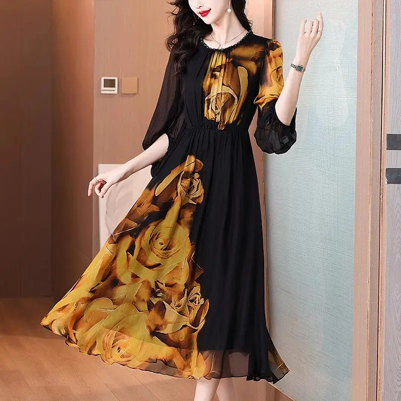 

2025 Spring Summer Women's Luxury Mulberry Silk Dress Retro Printed Nail-Bead Embellished Flowy Long Evening Dress Gown G478