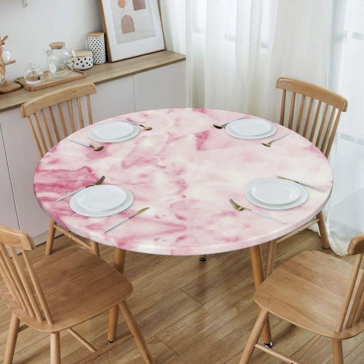 Round Fitted Pink White Marble Texture Artwork Table Cloth Waterproof Tablecloth 40