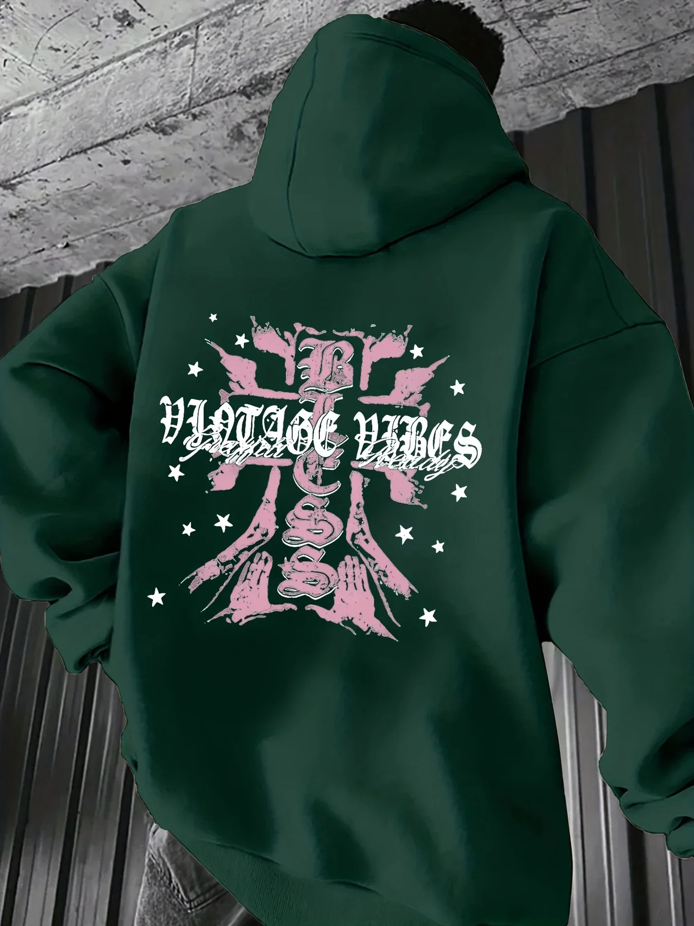 Men's Vintage Vibes Gothic Cross Prayer Hands Double Sided Print Hoodie Y2K Streetwear Unisex Oversized Autumn Pullover