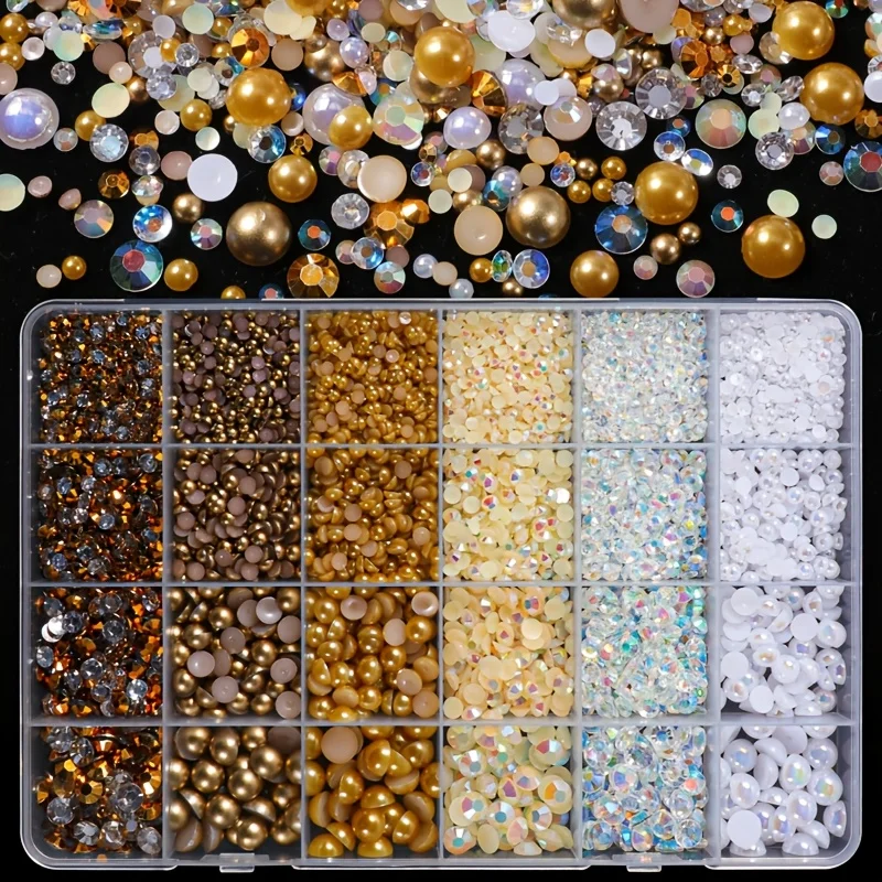 5300pcs Half Round Flatback Faux Rhinestone Nail Art Decoration Set, Mixed Assorted Sizes in White, Golden, Brown, Cream Yellow