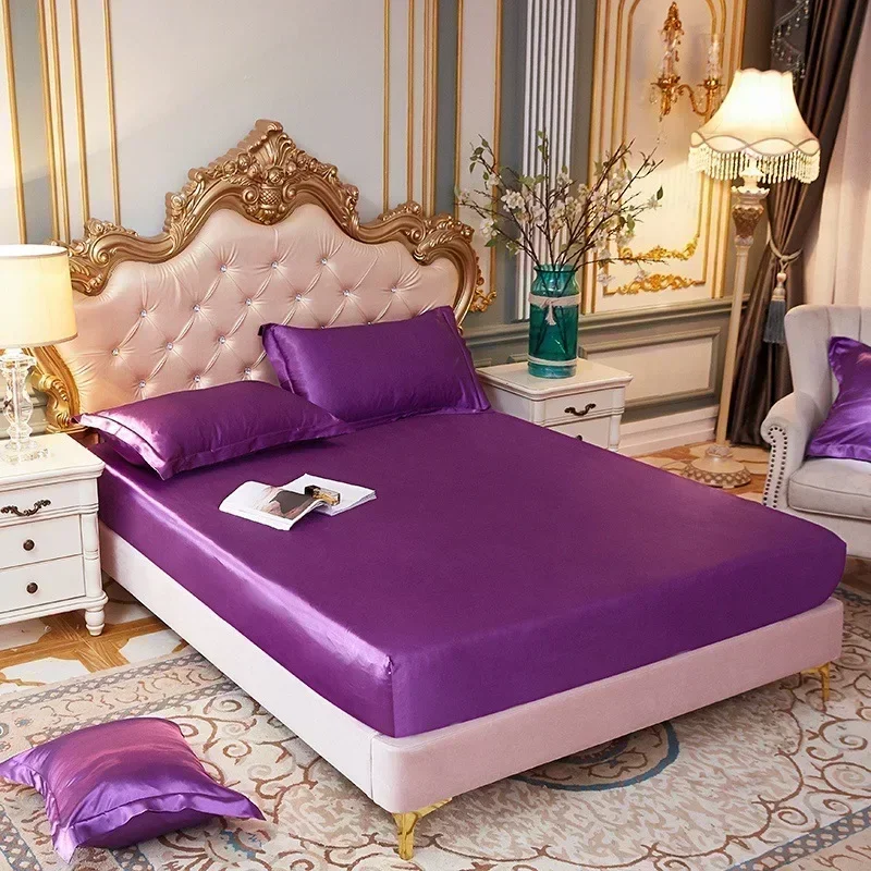 

High End Satin Silky Fitted Bed Sheet Luxury Home Solid Single Double Bed Sheets Pillow Cases Elastic Band Mattress Cover Linens