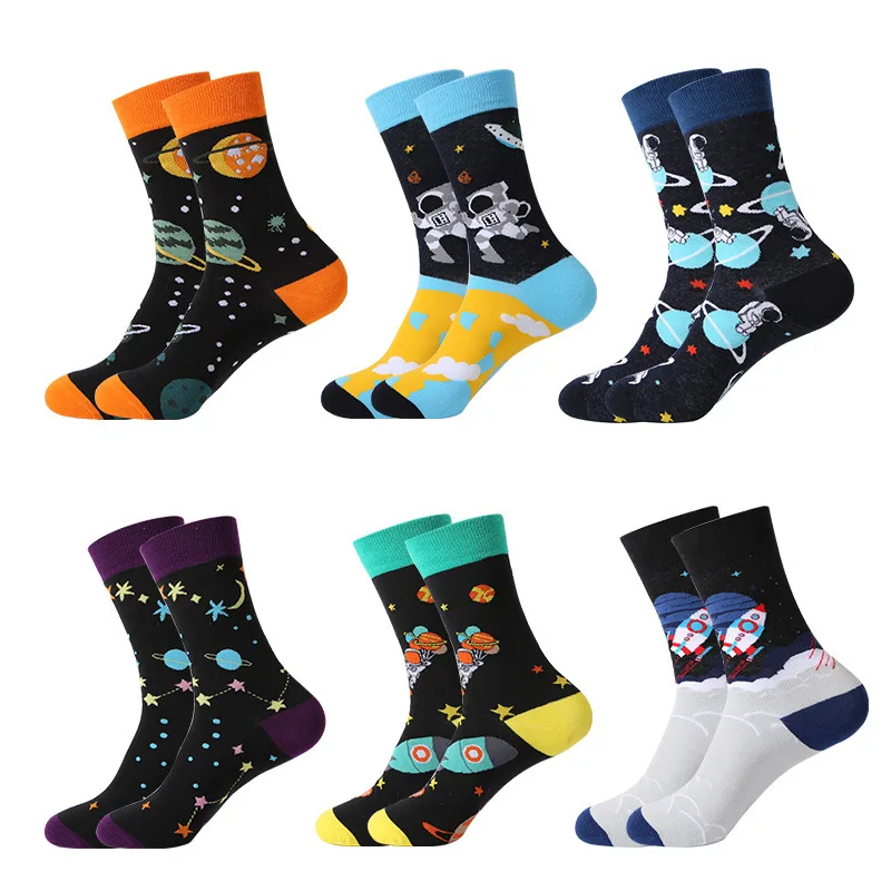 1Pair Funny Ins Astronaut Airplane Heavenly Body Middle Tube Men Happy Socks Streetwear Cotton Male Skateboard Boys Adult Sox