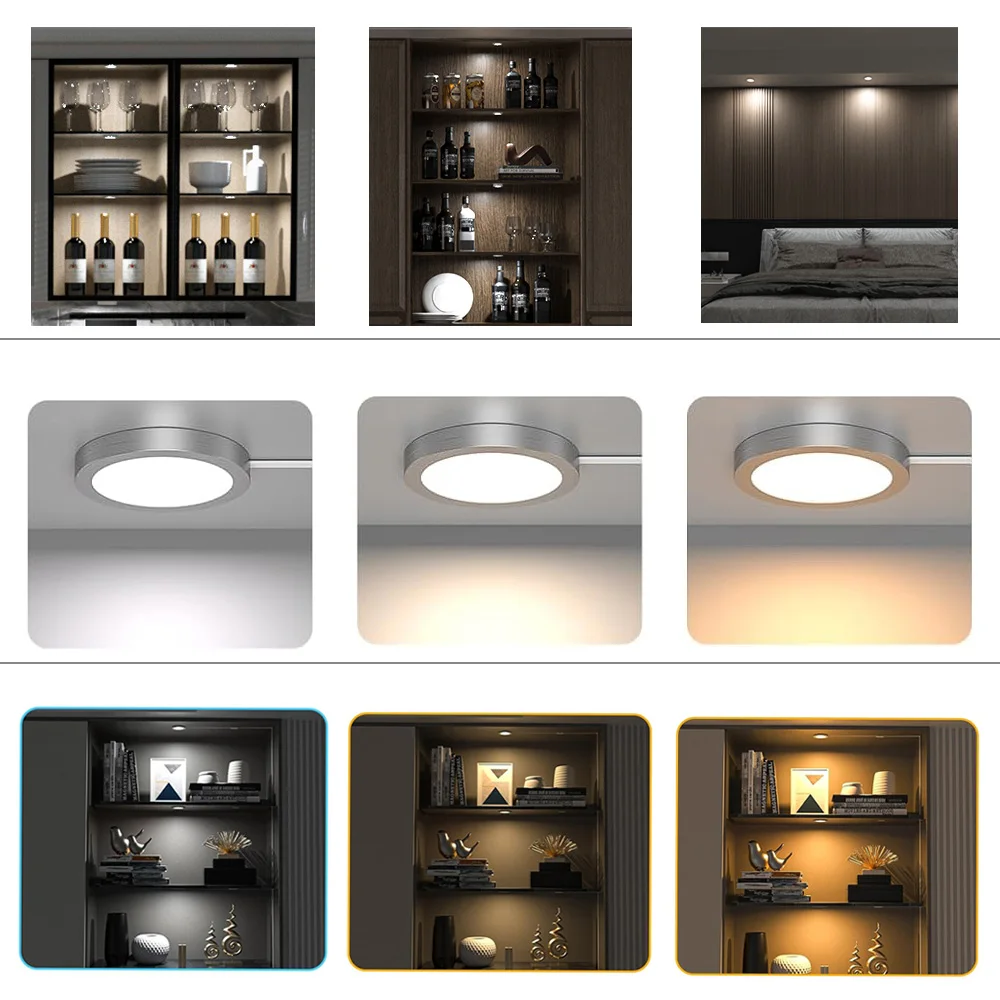 RF Remote Control Round CCT LED Under Cabinet Light 2700-6500K Dual White Closet Cupboard Wardrobe Showcase Cabinet Lamp Timer