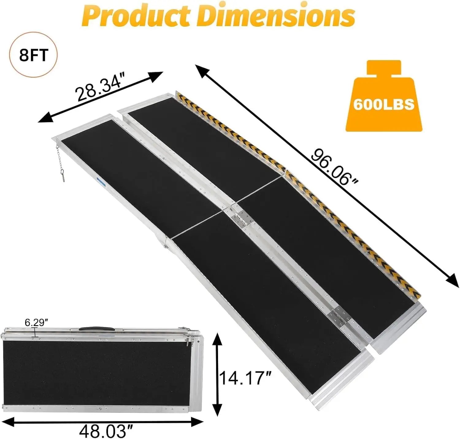 8FT Portable Wheelchair Ramp, Wheel Chair Ramp, Non-Slip Aluminum Wheelchair Ramp, 600lbs Weight Capacity for Home, Doorways