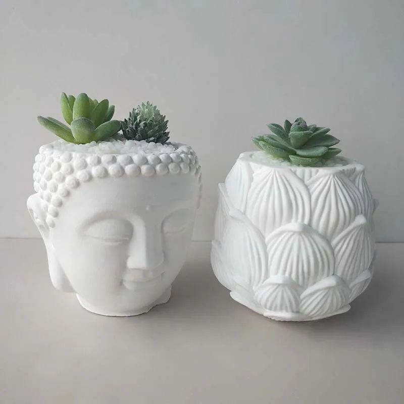 Concrete Flower Pot Silicone Mold DIY Resin Buddha Head Lotus Candle Holder Flowerpot Silicone Mold