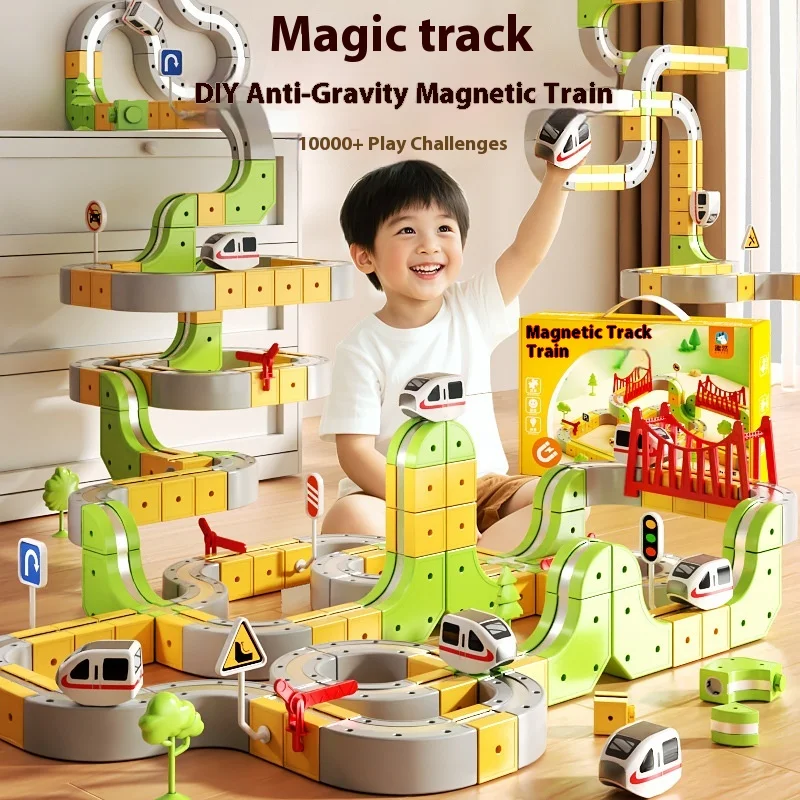 電動エンジン付き磁気ビルディングトレインセット、子供向けSTEMモンテッソーリ学習玩具、DIY鉄道線路クリスマスギフト