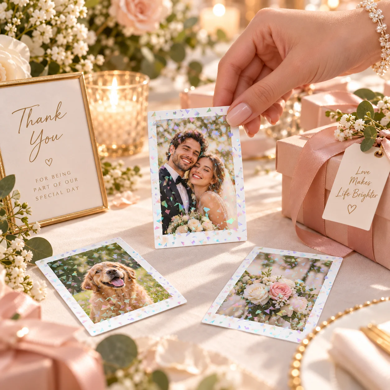 Custom Cardstock Image Holographic Photo White Card With Double‑Sided Laser Film Silver Rainbow Laser Card for Wedding Game