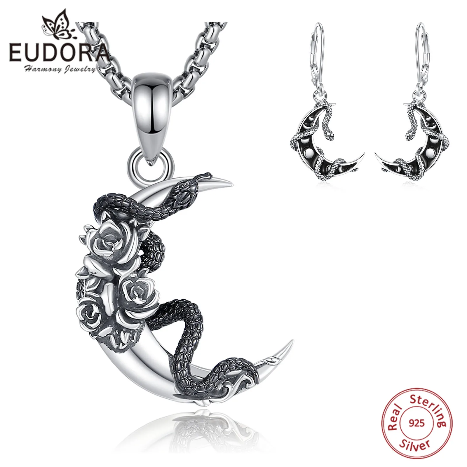 

Eudora 925 Sterling Silver Moon Phase Snake Necklace Drop Earrings Celestial Rose Pagan Witch Jewelry Set Gift for Women