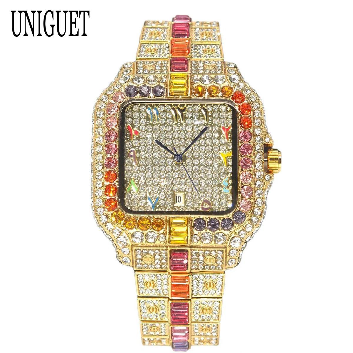 UNIGUET Hip Hop Rainbow Watch For Men Luxury Full Diamond Square Clock Man Fashion Iced Out Bling Wristwatch Hot Sale